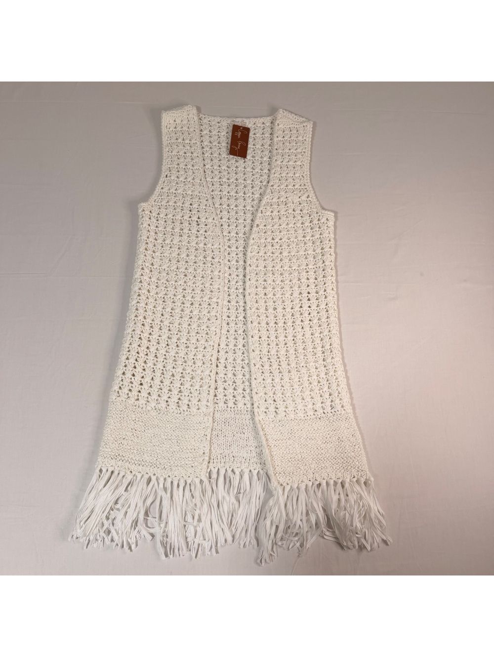 Minnie Rose White Crochet Knit Fringe Vest XS/S